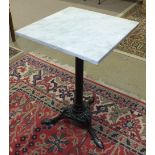 A square marble-topped table on cast metal column and triform base, 45.5cm square, 71cm high.