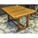 A 20th century oak refectory-style draw-leaf dining table, 213.5 x 99cm open.