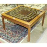 A modern square-shaped wooden coffee table with tiled inset top, 71cm square, 41cm high.