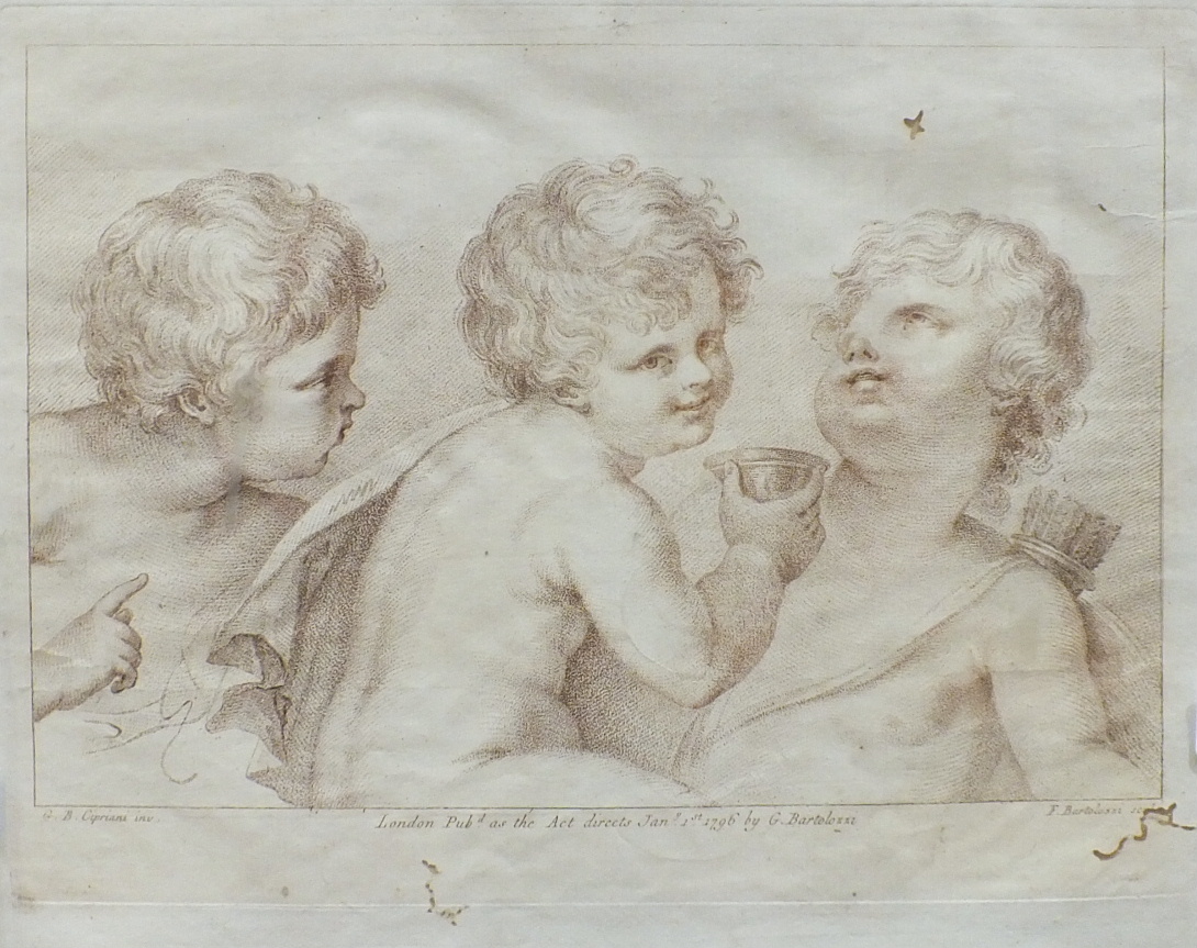 After F Bartolozzi & G B Cipriani, 'Three Putti', a framed stipple engraving, 26 x 36cm, London