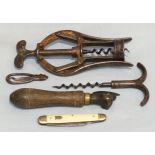 A late-19th century James Heeley A1 patent double-lever corkscrew, a J Rodgers & Son 'Bull' head can