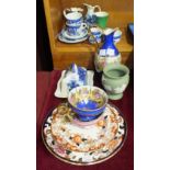 A Wedgwood green jasperware vase, 9.5cm high, a small Mason's 'Mandalay' pattern jug, 8.5cm and