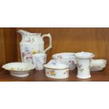 Seven pieces of Royal Crown Derby 'Derby Posies', including jug 11.5cm high, oval trinket pot and