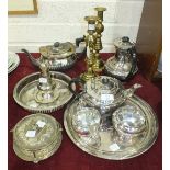 A Walker & Hall four-piece plated tea service, other platedware and a pair of brass candlesticks