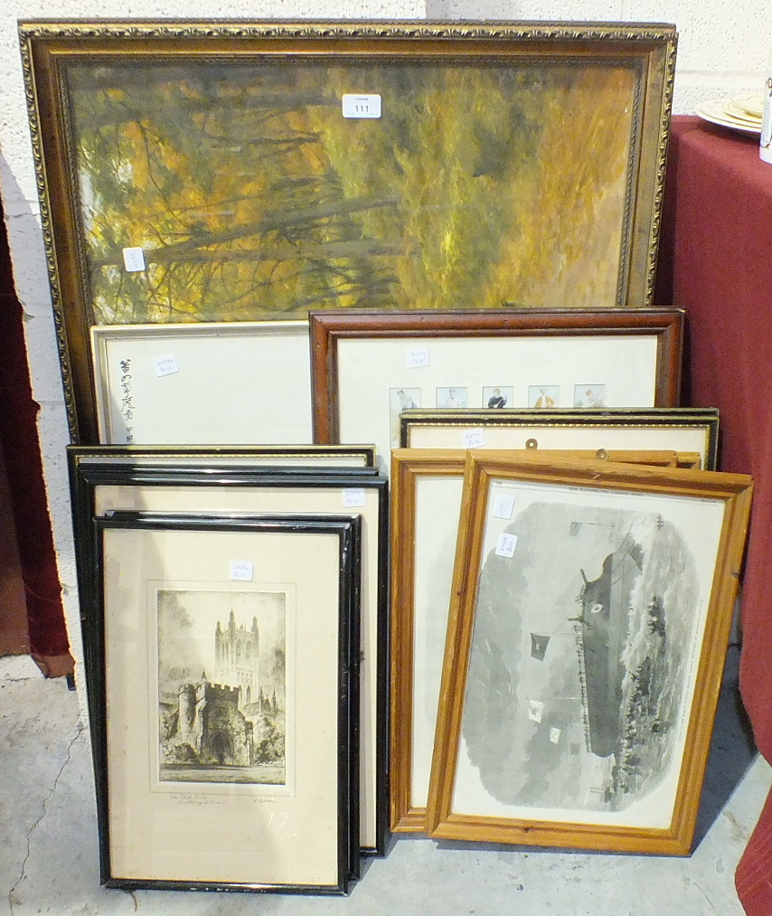 A collection of various pictures, etchings and prints, including an unsigned watercolour copy of ' - Image 2 of 2