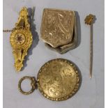 A small 9ct gold locket-back brooch, a Victorian gilt metal locket, a shield-shaped locket, (a/f)