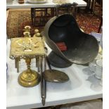 A copper coal helmet, a brass trivet, other brass and copper ware and a small quantity of linen.