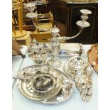 Two plated entrée dishes, a three-piece plated tea service, a three-light candelabrum and other