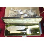 Two pairs of ivory-handled plated fish servers, a small quantity of plated cutlery and a small .