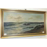 Edgar Freyberg, 'Maritime scene, waves breaking onto rocks', signed oil on canvas, 39.5 x 79cm.