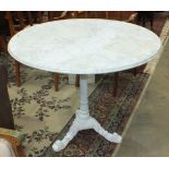 A circular marble-top table on painted cast iron reeded column and tripod base, 88cm diameter,