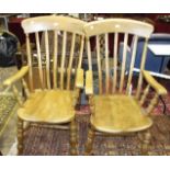 A pair of beech and elm lathe-back farmhouse armchairs, (2).