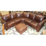 A 'Sofaitalia' antique dark brown leather finish three-piece corner lounge settee and foot stool, (