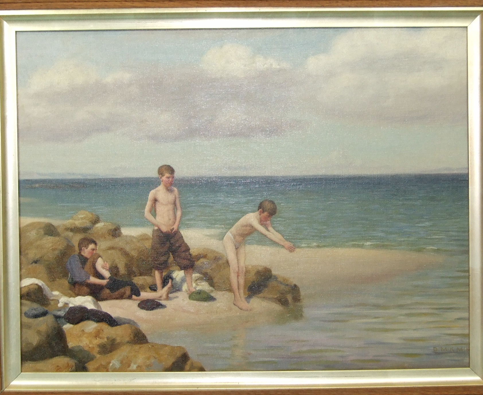 D McK**** (20th century) THREE YOUNG BOYS ON A BEACH SWIMMING Oil on canvas, indistinctly signed,