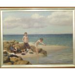 D McK**** (20th century) THREE YOUNG BOYS ON A BEACH SWIMMING Oil on canvas, indistinctly signed,