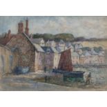 Henry Samuel Merritt (1884-1963) CORNISH VILLAGE WITH FIGURES AND FISHING BOAT Signed watercolour,