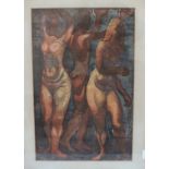 Follower of Henry Moore (20th century), 'Study of three female nudes', coloured print, possibly a