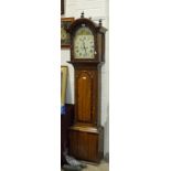 A 19th century oak and mahogany-banded cottage long case clock with painted dial and twin-trained