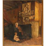 Beatrice Meyer (19th century German) INTERIOR SCENE WITH A MOTHER AND CHILD BESIDE AN ORNATE