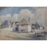 Henry Samuel Merritt (1884-1963) COASTAL VILLAGE WITH BUILDINGS, FIGURES, ROWING BOAT Signed