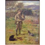 Robert Cree Crawford (1842-1924) A YOUNG GAMEKEEPER WITH A FALCON, A GORDON SETTER AND A SPANIEL