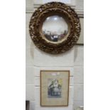 A circular gilt frame convex mirror, 54cm diameter overall, K S Wood, 'Public House with figures