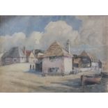 Henry Samuel Merritt (1884-1963), 'Coastal village with buildings, figures and rowing boat' signed
