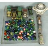 A quantity of opaque and clear glass marbles, 120 approx, a small quantity of diecasts and a