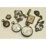 Two silver-cased open-face pocket watches, (both not working), a silver sovereign case, a silver