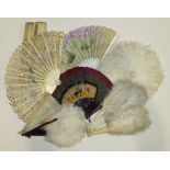 A fan with painted gauze leaf and bone guards and sticks, a bone brisé fan, four feather fans, a