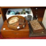 A Jane Shilton brown leather handbag, various wooden boxes, four cloth-covered horses, ceramics