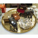 A pair of Asahi 8x30 field glasses in case, a pair of hardwood elephants, a brass Benares tray and