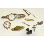 Two 9ct-gold-cased wrist watches, (a/f), a gem-set cross and other items.