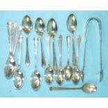 A pair of Victorian sugar tongs, Exeter 1862, seven silver teaspoons, Sheffield 1921 and other