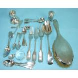 A collection of mainly fiddle pattern flatware, a napkin ring and other items, weighable silver