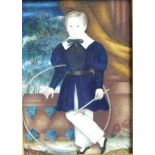 19th Century English School MINIATURE PORTRAIT OF A YOUNG BOY WITH HOOP AND STICK, LEANING ON A