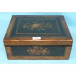 A Continental walnut and marquetry work box with fitted interior, 33cm, (in need of restoration).