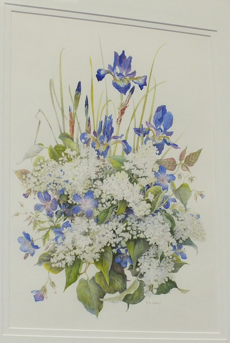 Rosaleen Wain S B A IRIS, PERIWINKLES AND OTHER FLOWERS Signed watercolour, 44.5 x 32cm.