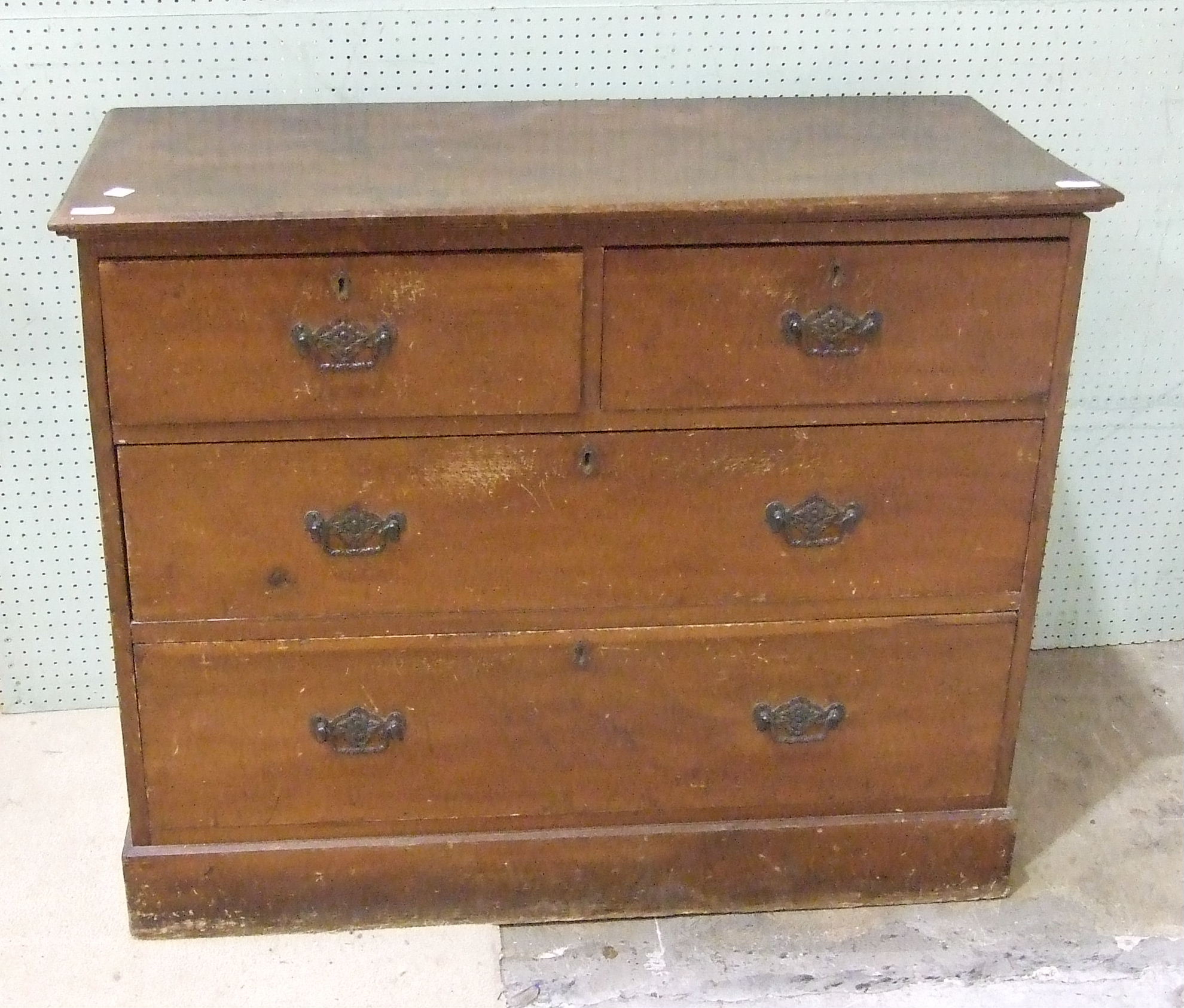 A 19th century stained wood rectangular chest of two short and two long drawers, on plinth base ( - Image 2 of 2