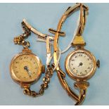 Buren, two ladies wrist watches with 9ct gold cases and expanding bracelets, (one not working),