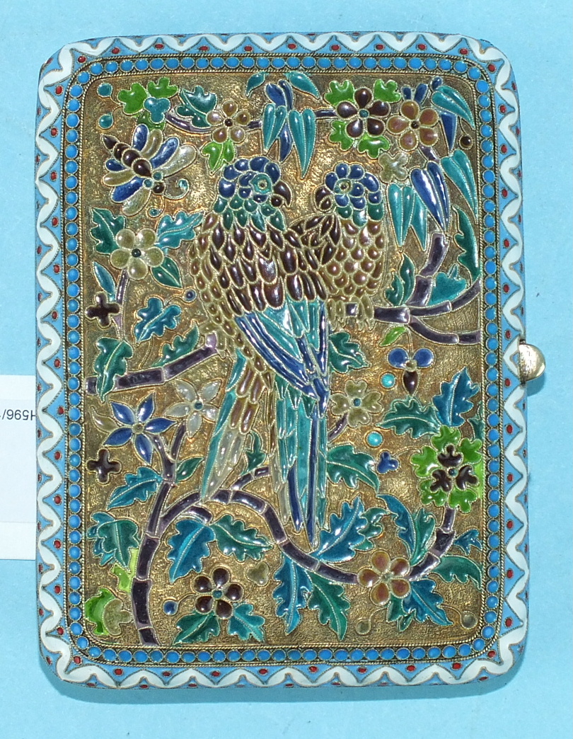 A Russian silver gilt and plique-à-jour enamel cigarette case, each hinged side decorated with a - Image 3 of 8
