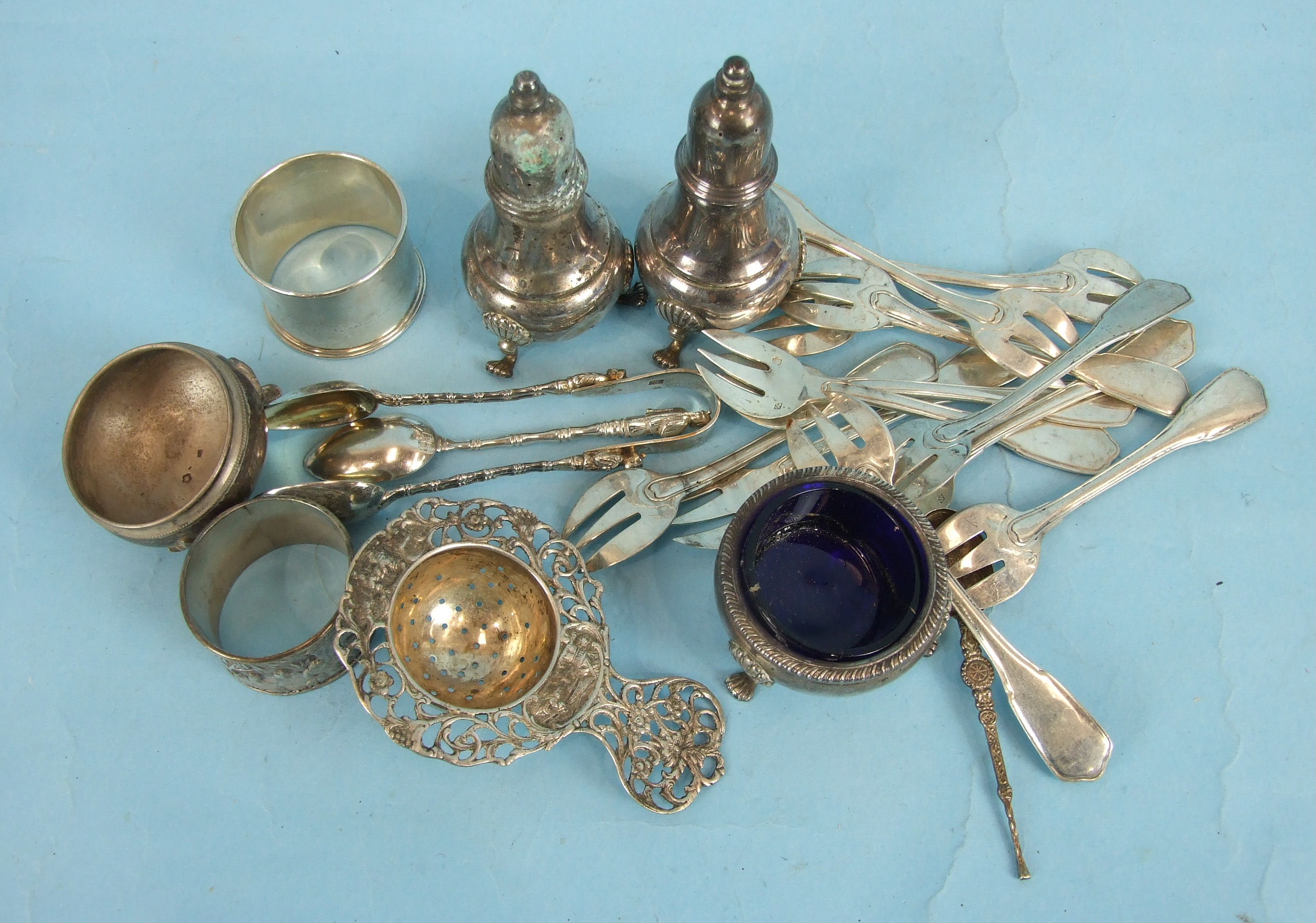 A set of twelve French white metal dessert forks and other foreign small metalware.