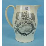 A 19th century creamware baluster-shaped jug, transfer-printed with Masonic decoration, (chipped