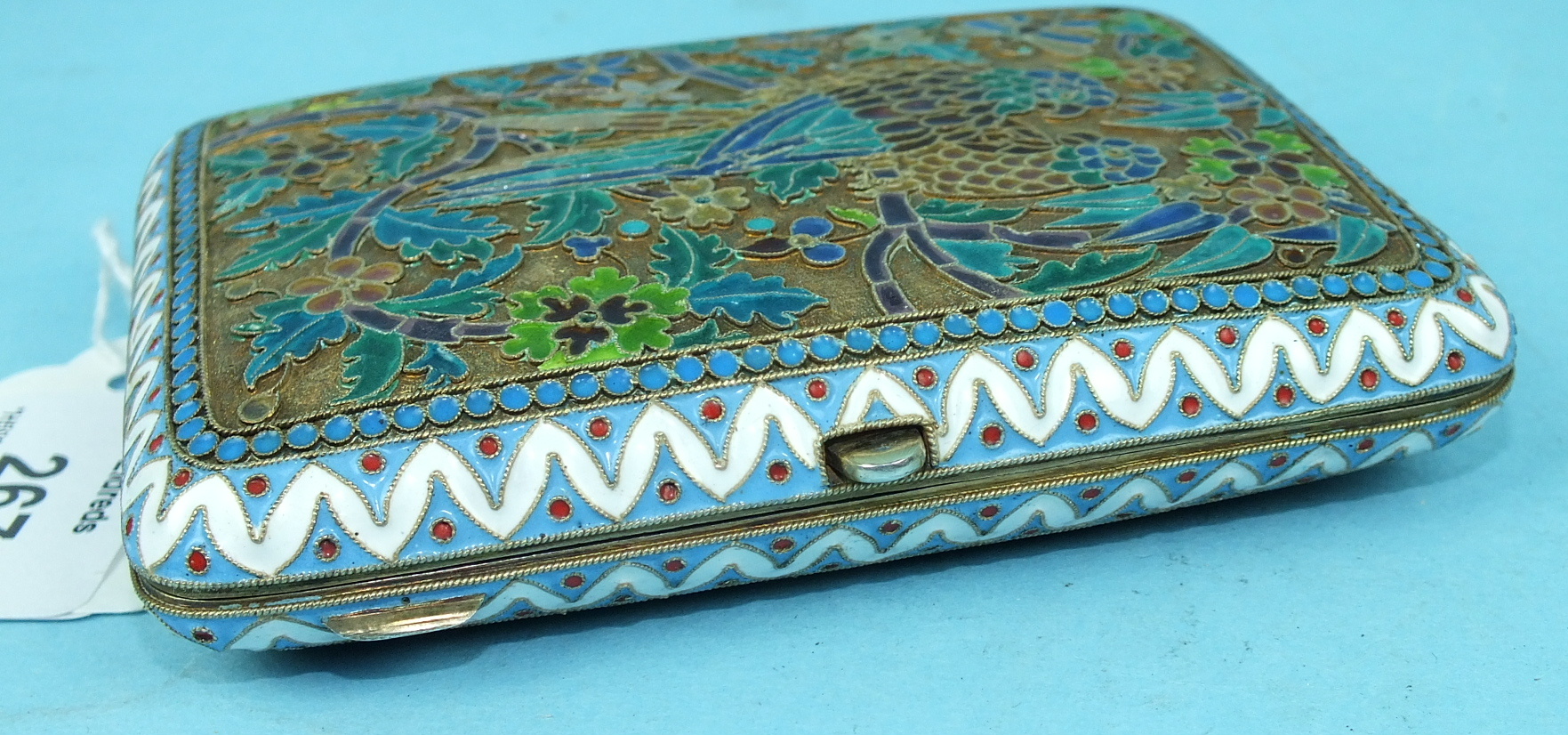 A Russian silver gilt and plique-à-jour enamel cigarette case, each hinged side decorated with a - Image 5 of 8