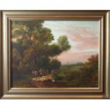 19th Century English School SHEPHERD HERDING HIS FLOCK IN A COUNTRY LANE Unsigned oil on canvas,