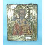 A late-19th century painted wood Russian icon with embossed brass mount, 22 x 27cm.