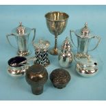 Two miniature silver lidded trophy cups, London 1954, a small silver trophy cup, Sheffield 1925,