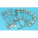 Four silver fiddle pattern table spoons, Exeter 1824, three fiddle pattern teaspoons and other small