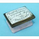 A 19th century enamel patch box commemorating victory over the Dutch fleet, October 11th 1797 at the