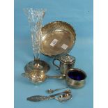 A silver tea strainer with pierced decoration and matching drip bowl, Birmingham 1936, a silver